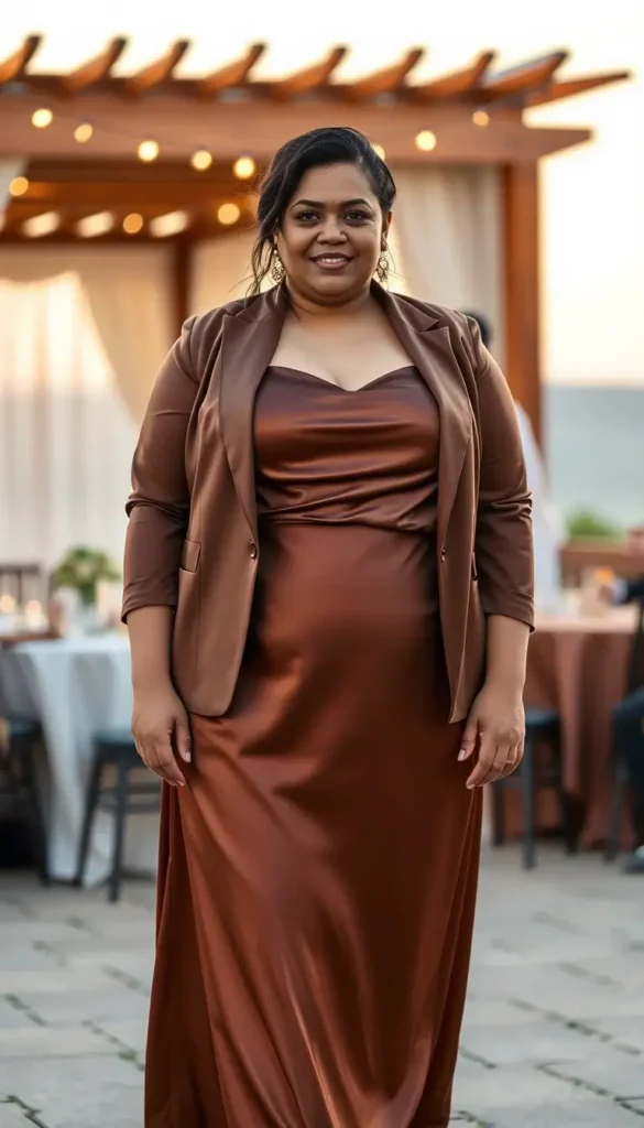 Plus size woman wearing a satin slip dress with a blazer at a wedding