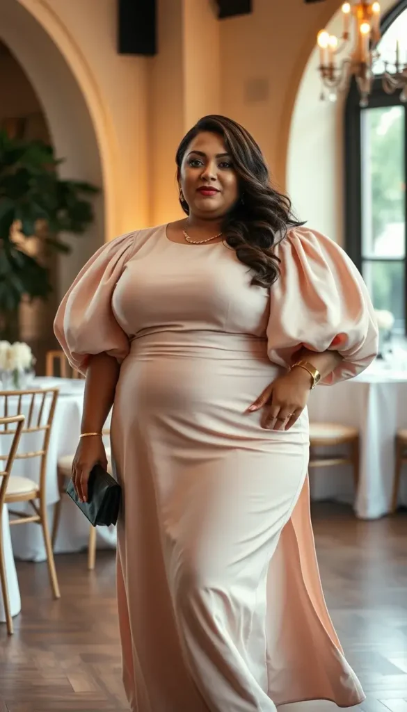 Plus size woman wearing a midi dress with statement sleeves at a wedding