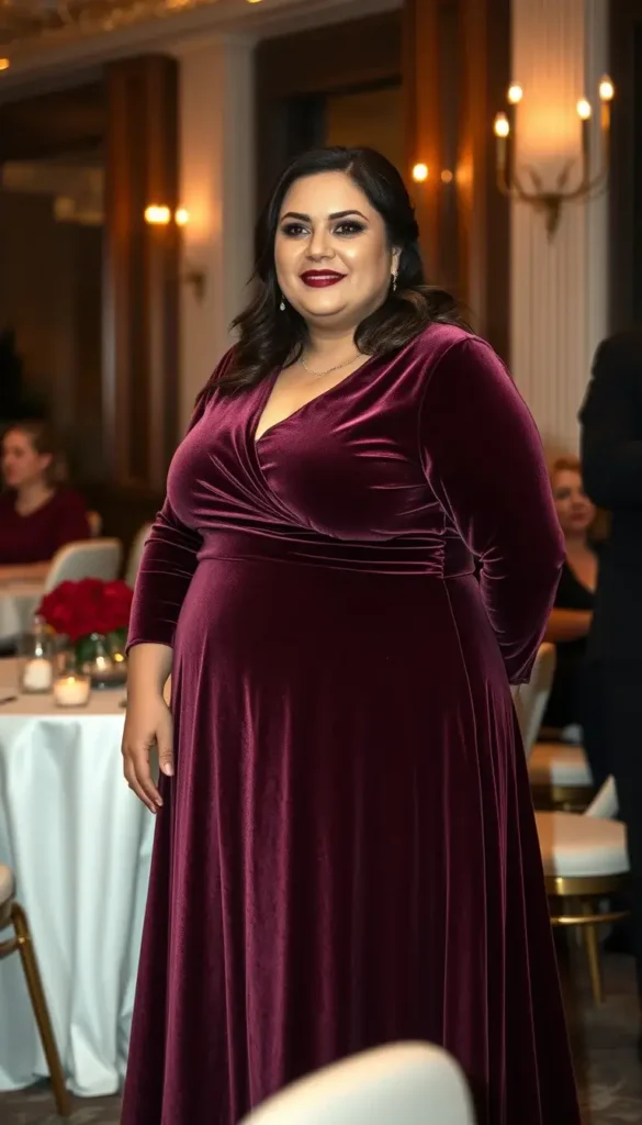 Plus size woman wearing a velvet dress at a winter wedding