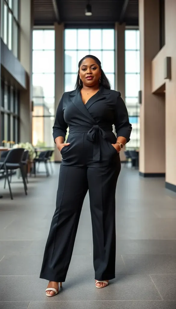 Plus size woman wearing a tailored black jumpsuit at a modern wedding