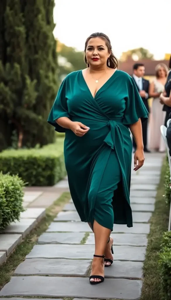 Plus size woman wearing an emerald wrap midi dress at an outdoor wedding