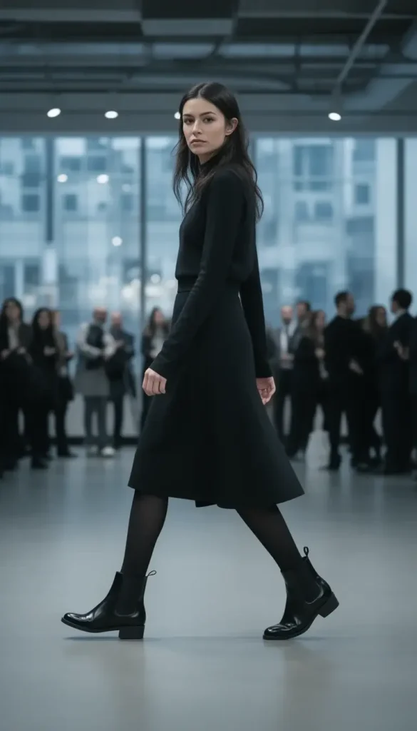 Sleek Chelsea boots styled with a midi skirt for a winter event.