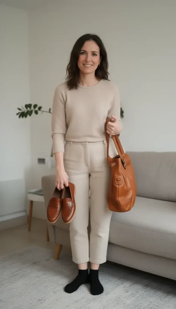 Woman cleaning leather shoes in a minimal entryway