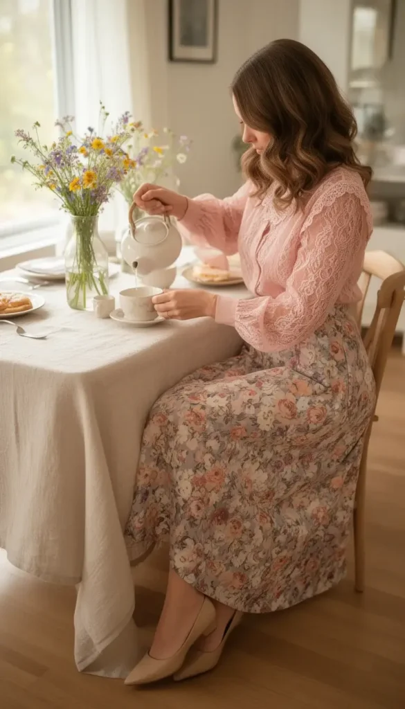 Woman in powder pink lace blouse and floral midi skirt, pouring tea at a sunlit home brunch table