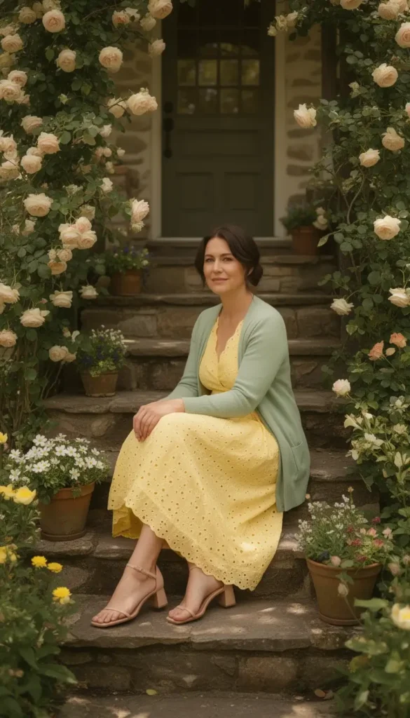 Woman seated on garden steps wearing a powder yellow eyelet midi dress and light sage green cardigan