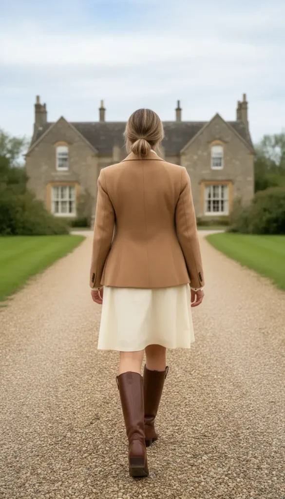 Woman in shirt dress walking along estate drive