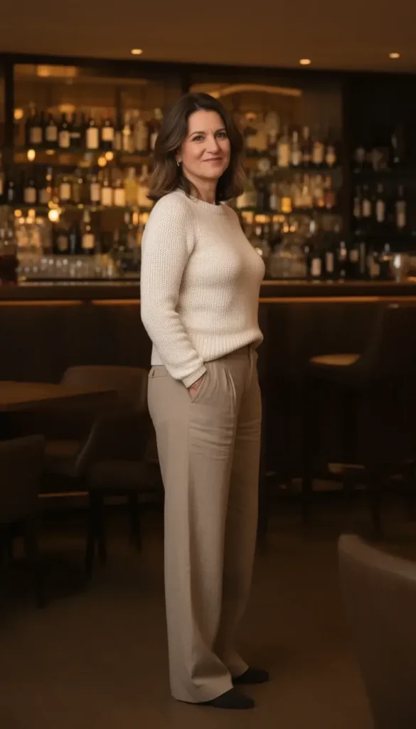 Relaxed trousers paired with a refined knit top for winter date night