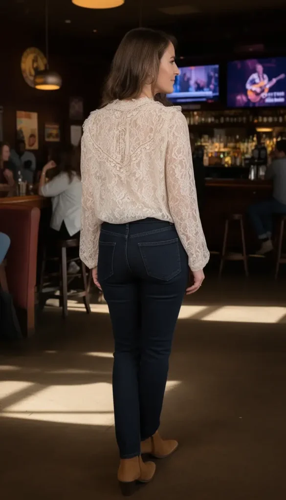 Romantic blouse paired with dark jeans for a casual Valentine’s Day date