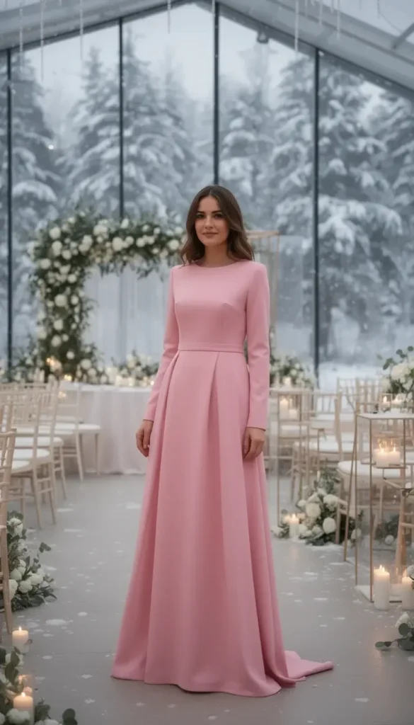 Rosy pink structured maxi dress worn to a winter wedding.