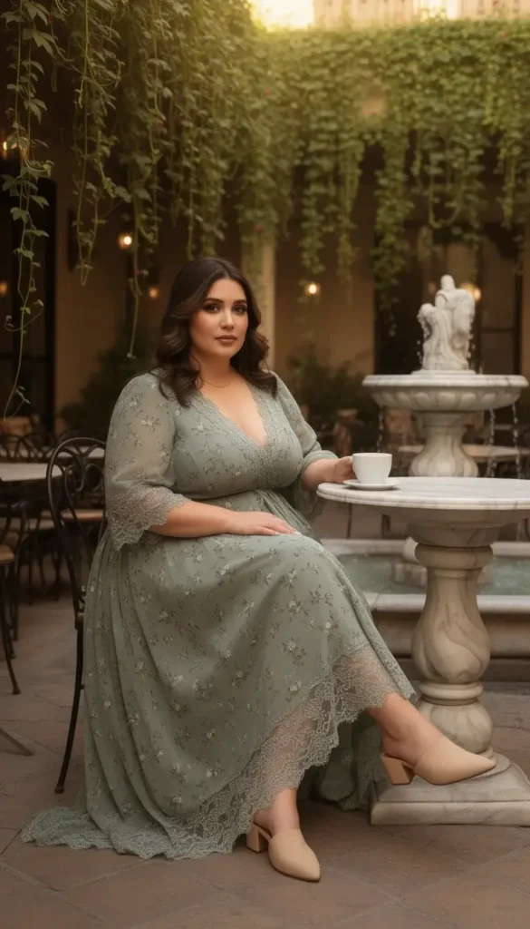 Full-figured woman in a sage green floral midi dress with lace trim and beige mules, sitting at a leafy courtyard cafe
