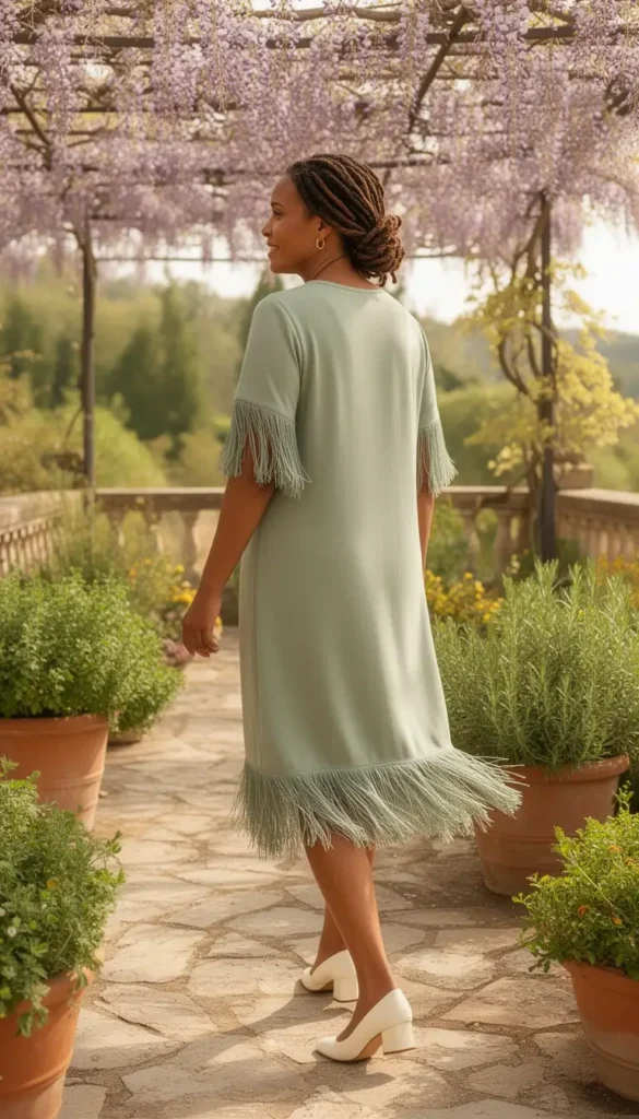 Over-the-shoulder view of a woman in a sage green fringe-detail midi dress with ivory Mary Janes on a sunlit garden terrace