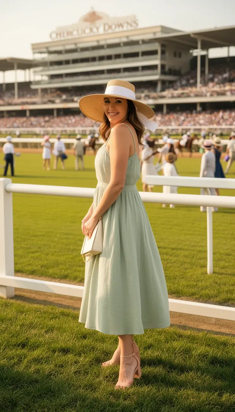 Woman wearing a sage linen midi sundress and wide-brim straw hat at Churchill Downs on Kentucky Derby day