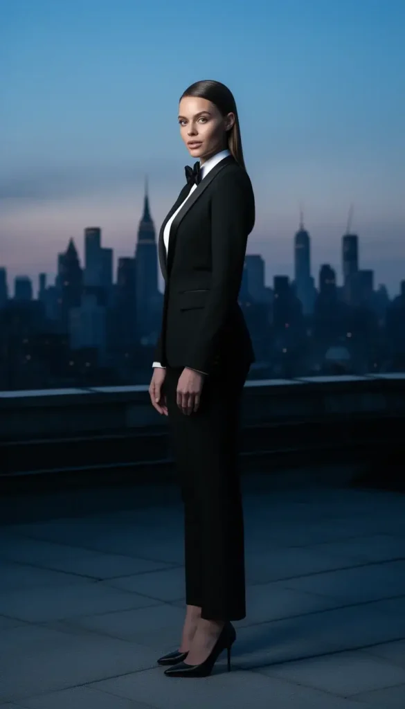 Woman in tuxedo dress on rooftop at dusk