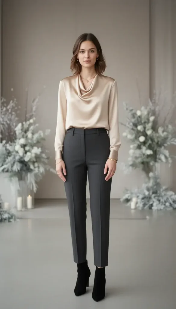 Semi formal winter wedding guest outfit featuring a satin blouse and tailored trousers