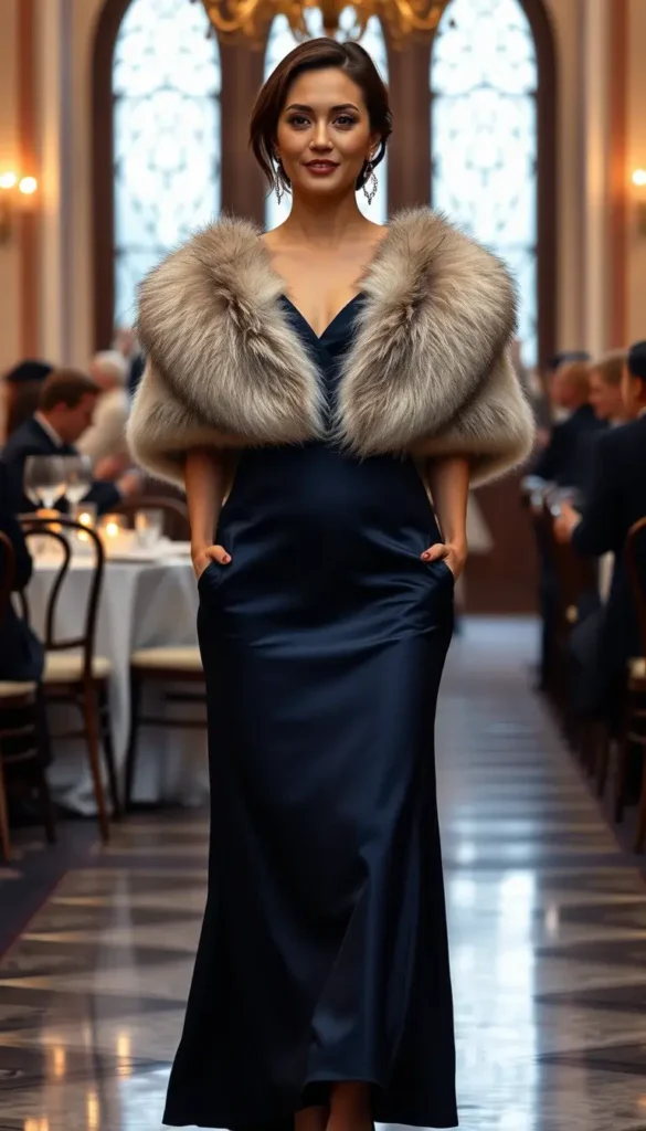 Satin midi dress with faux fur wrap styled