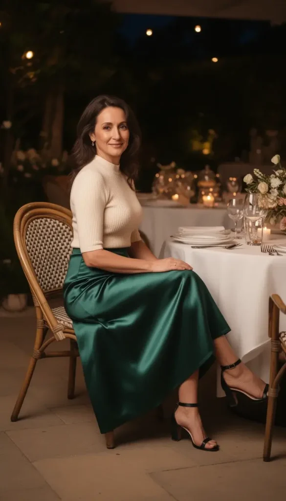 Woman over 30 wearing a satin skirt and knit top