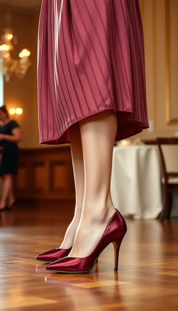 Burgundy satin slingback heels styled with a pleated skirt at a winter wedding