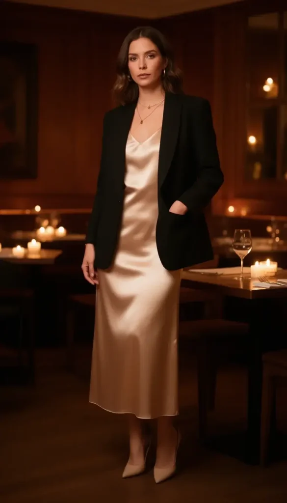 Woman in a champagne satin slip dress and black blazer styled for a Valentine’s Day dinner date
