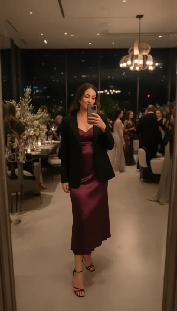 Semi formal winter wedding guest outfit featuring a satin slip dress and tailored blazer