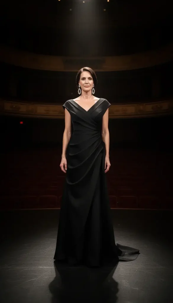 Woman in sculptural gown standing in theater