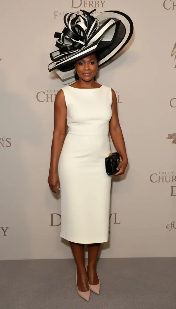 Woman in a simple ivory sheath dress with a dramatic sculptural black and ivory hat at the Kentucky Derby