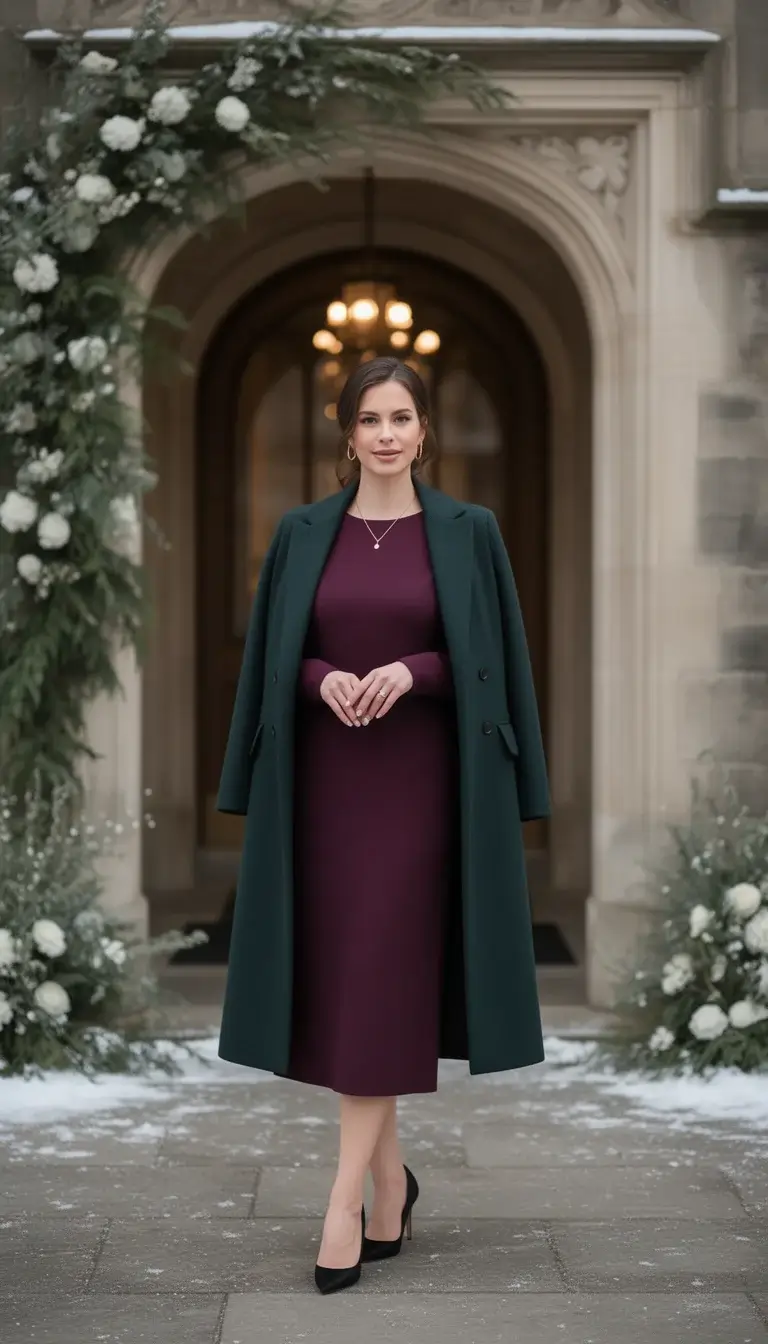 Semi formal winter wedding guest wearing a jewel tone midi dress and wool coat at an elegant venue entrance