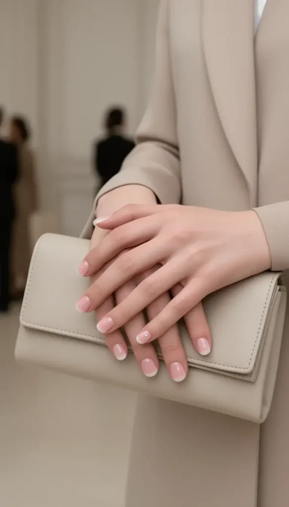 Sheer pink glossy nails styled with a neutral clutch and tailored outfit
