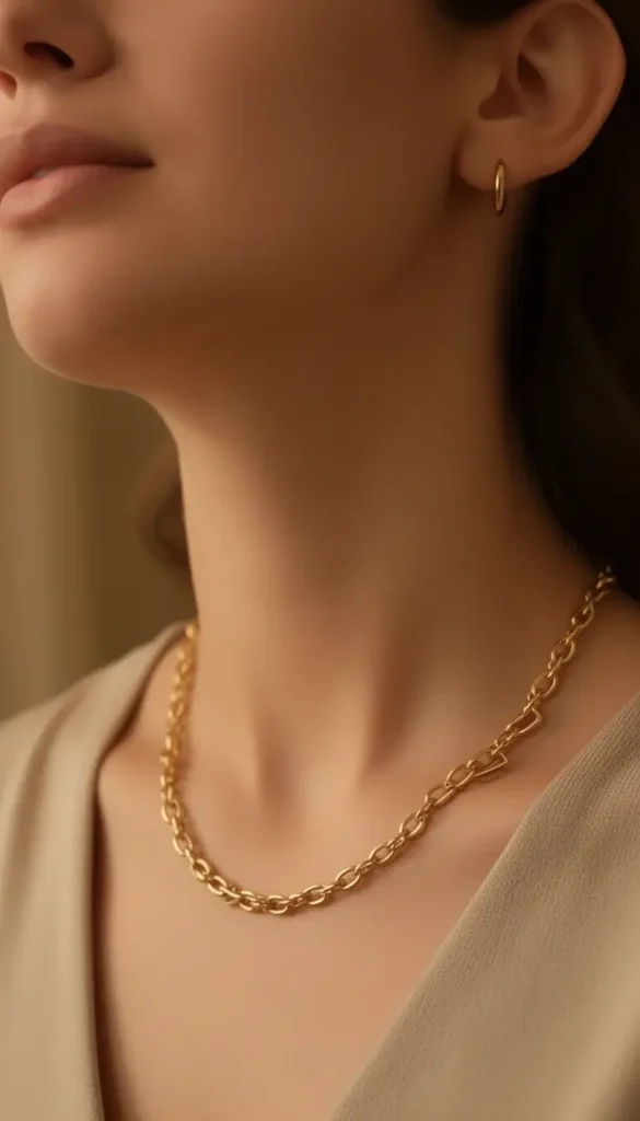 Close-up of simple gold jewelry on a woman wearing a neutral top