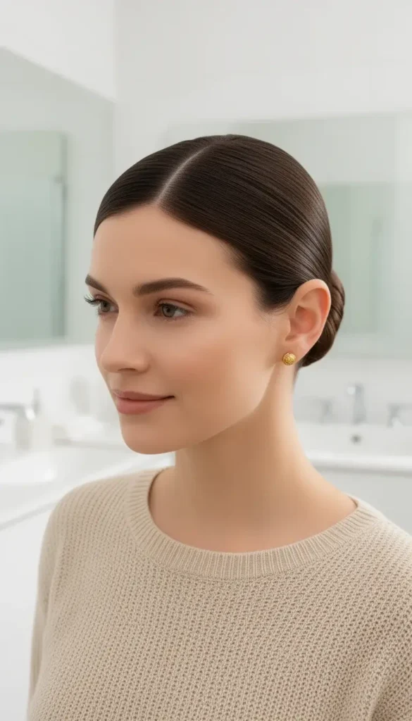 Woman with a sleek low bun and minimal styling in soft light
