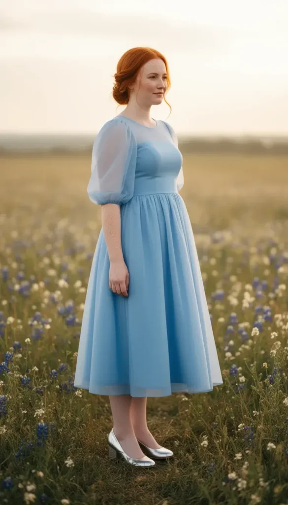 Woman in a sky blue babydoll midi dress with sheer puff sleeves and silver Mary Janes standing in a wildflower meadow