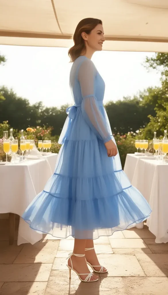 Tall woman in sky blue babydoll midi dress with sheer sleeves and strappy heels, standing on a sunlit patio