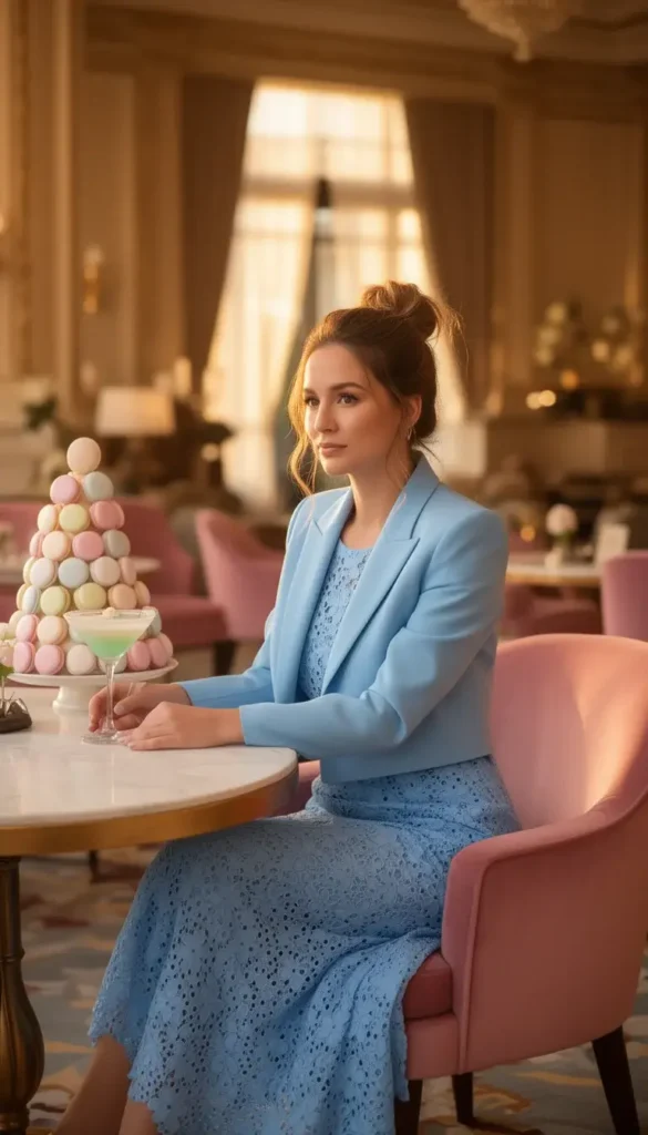 Woman in a sky blue eyelet midi dress and matching cropped blazer seated at a refined hotel lounge brunch