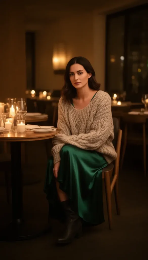 Slip dress layered with a chunky knit sweater for a cozy winter date