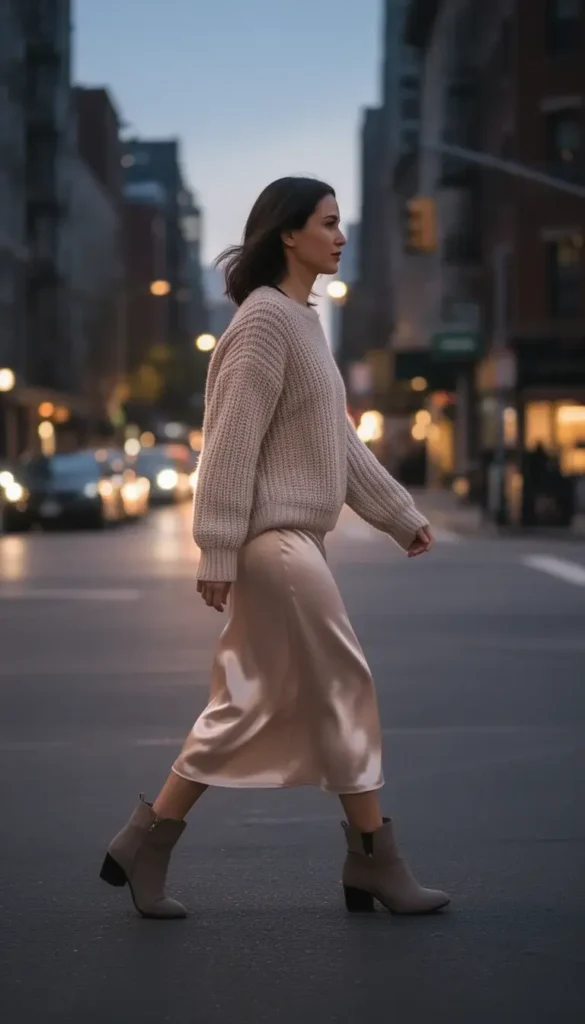 Slip skirt and knit sweater outfit for a relaxed Valentine’s Day evening