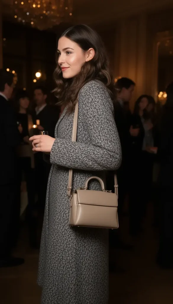 Small top handle bag with short strap worn at a winter evening event