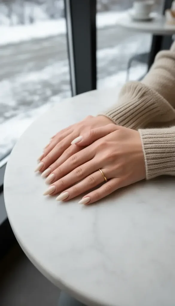 Soft almond milk nail color on short almond-shaped nails styled with a neutral winter sweater