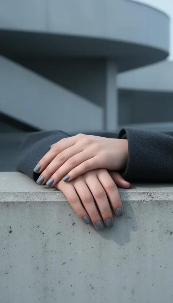 Soft charcoal nail color styled with a minimalist winter look