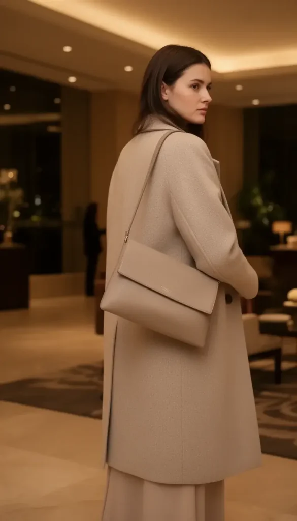 Neutral leather envelope clutch carried with a winter coat at an evening event