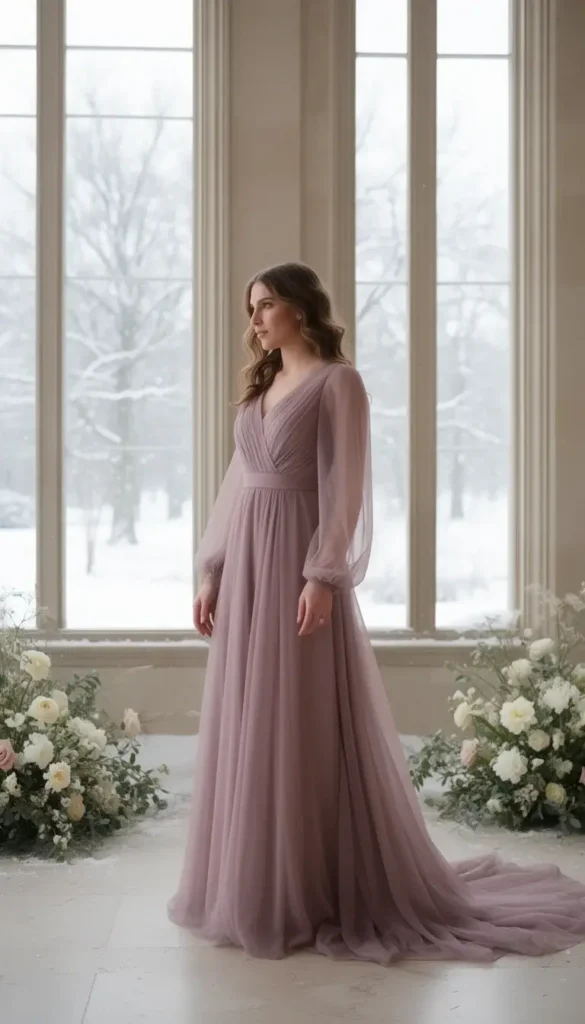 Soft mauve chiffon dress worn at a winter estate wedding.