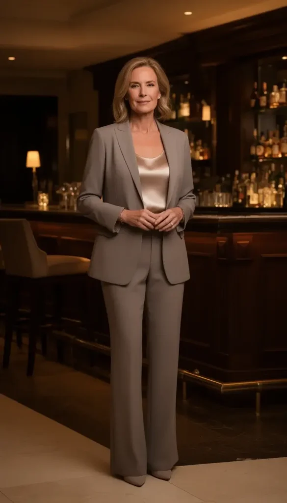 Woman over 30 wearing a softly tailored outfit for a night out