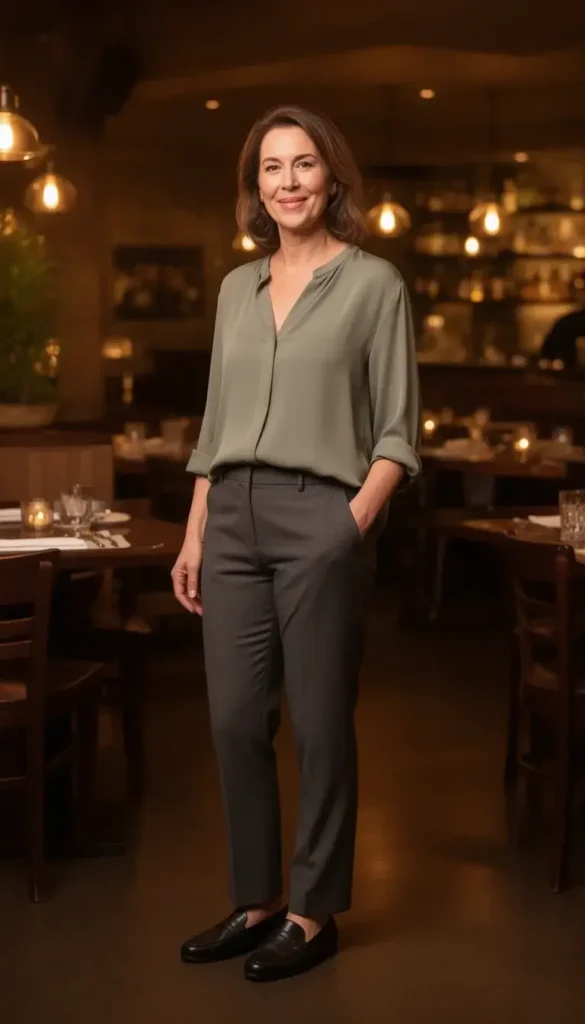 Soft tailoring paired with a relaxed blouse for winter date night