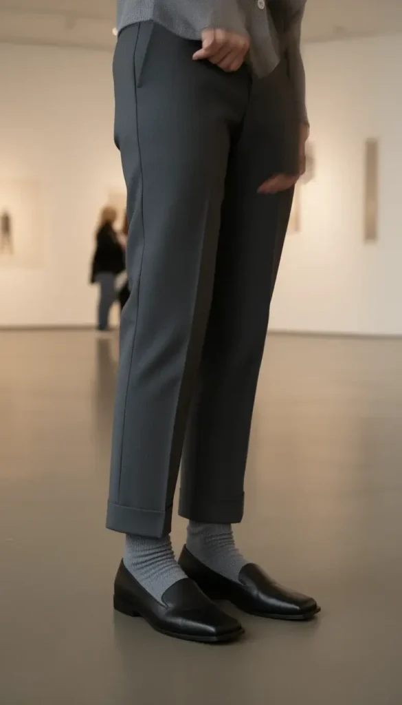 Square toe ballet flats worn with socks for a winter date