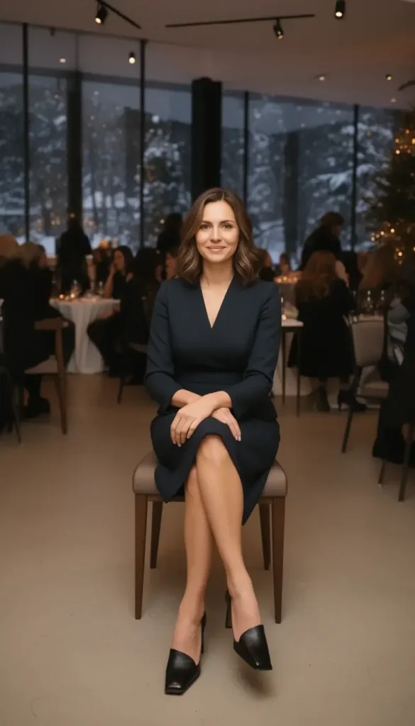 Square toe leather heels styled for a winter formal event.