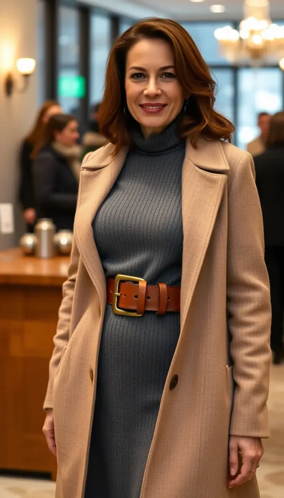 Wide leather belt styled over winter layers