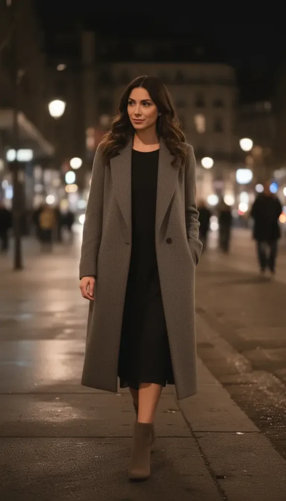 Elegant long coat styled as the focal point for a Valentine’s Day date