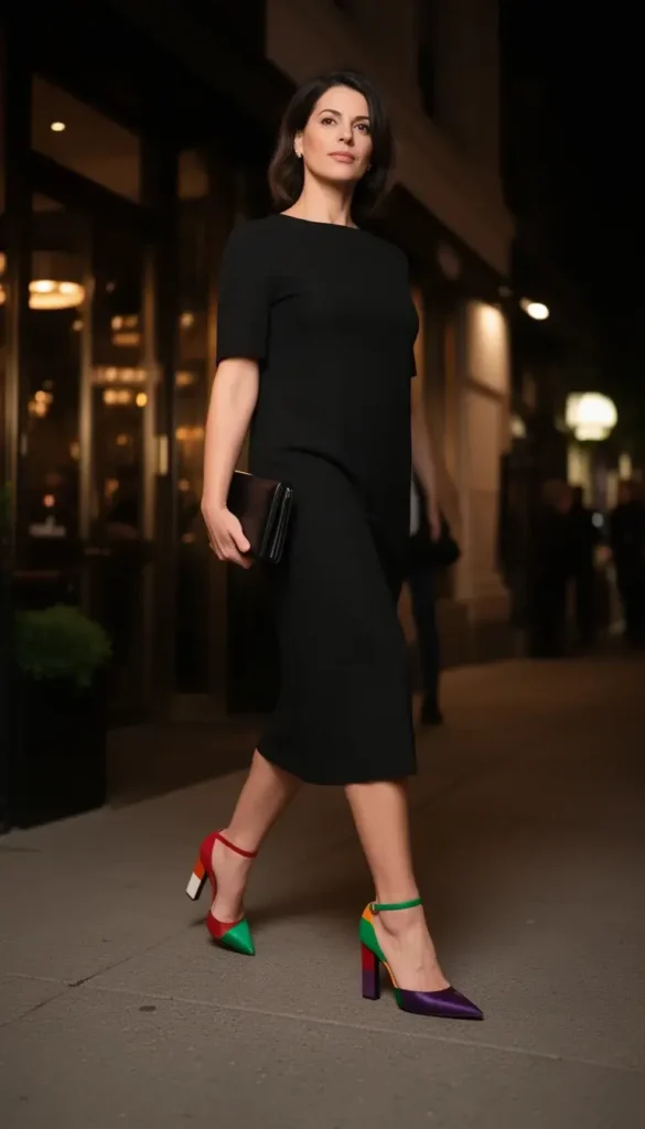 Woman over 30 wearing statement heels with a simple dress