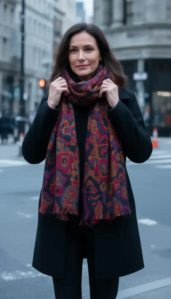 Bold statement scarf styled with simple winter staples.