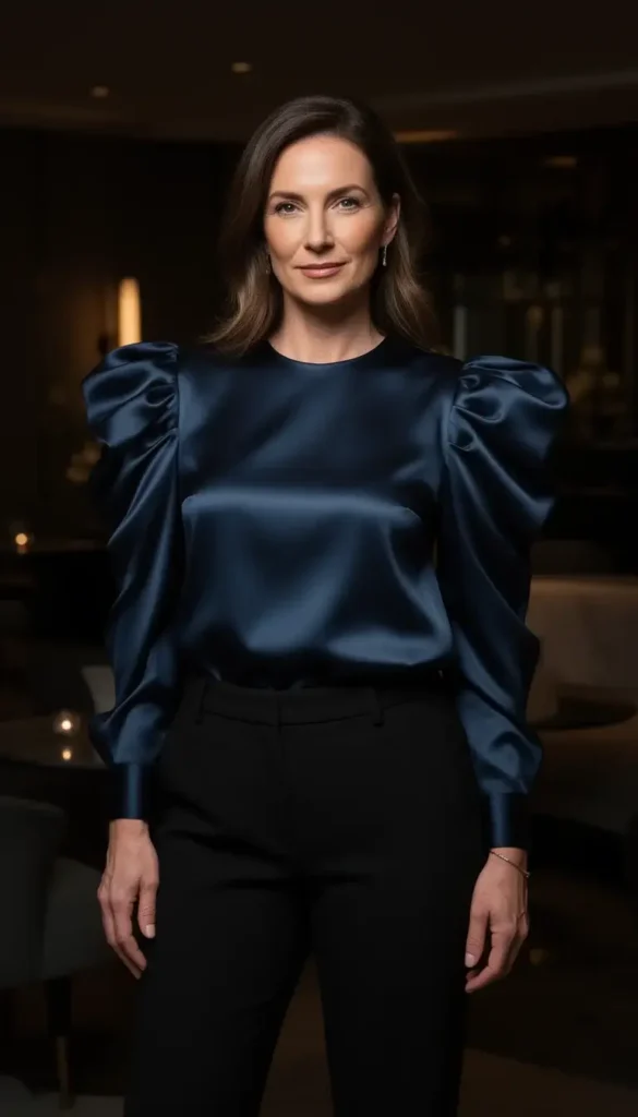 Woman over 30 wearing a statement top for a stylish night out