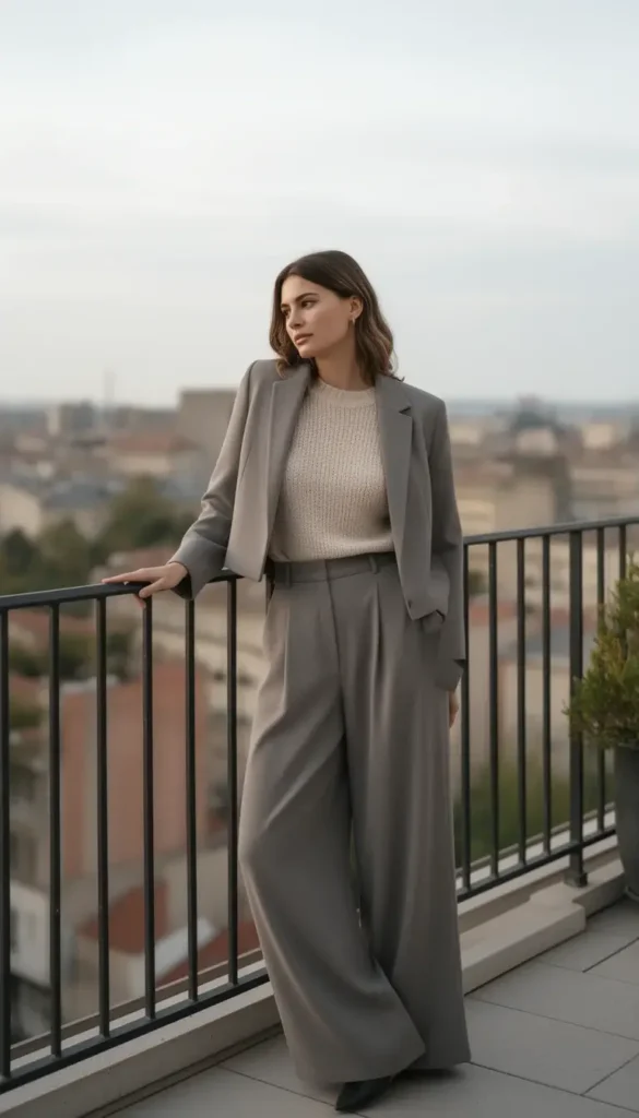 Cropped jacket styled with high waisted trousers for winter.