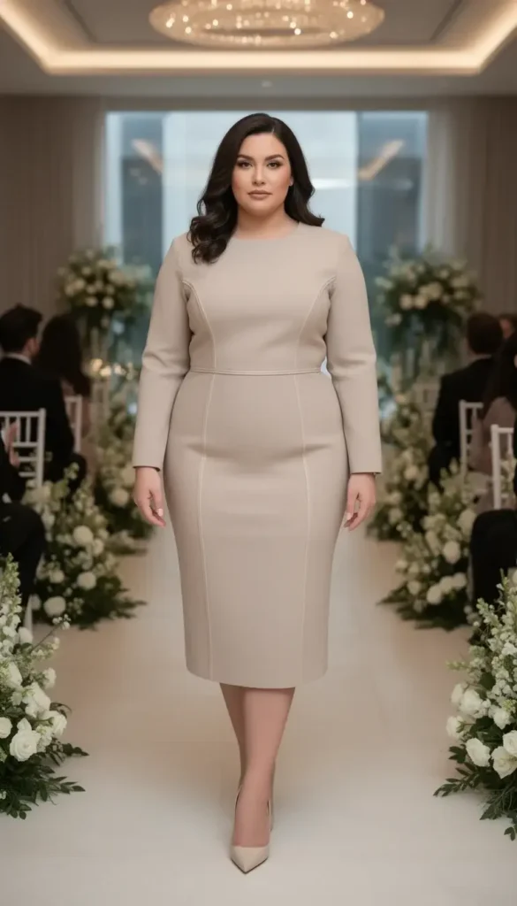 Curvy woman wearing a tailored midi dress at a formal wedding